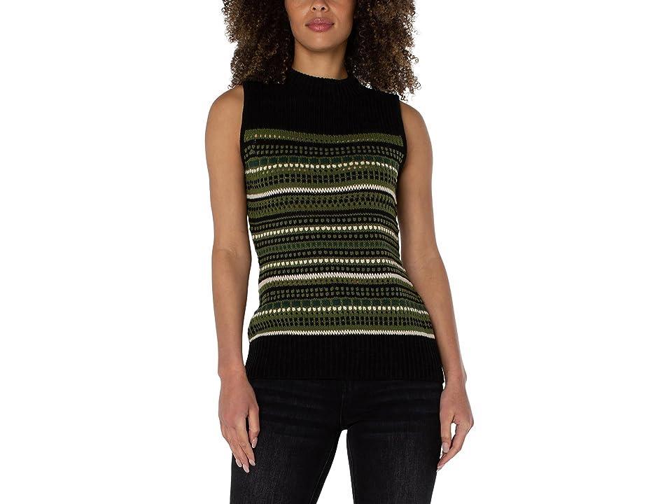 Liverpool Los Angeles Sleeveless Mock Neck Lace Stitch Stripe (Green Multi Women's Clothing Product Image