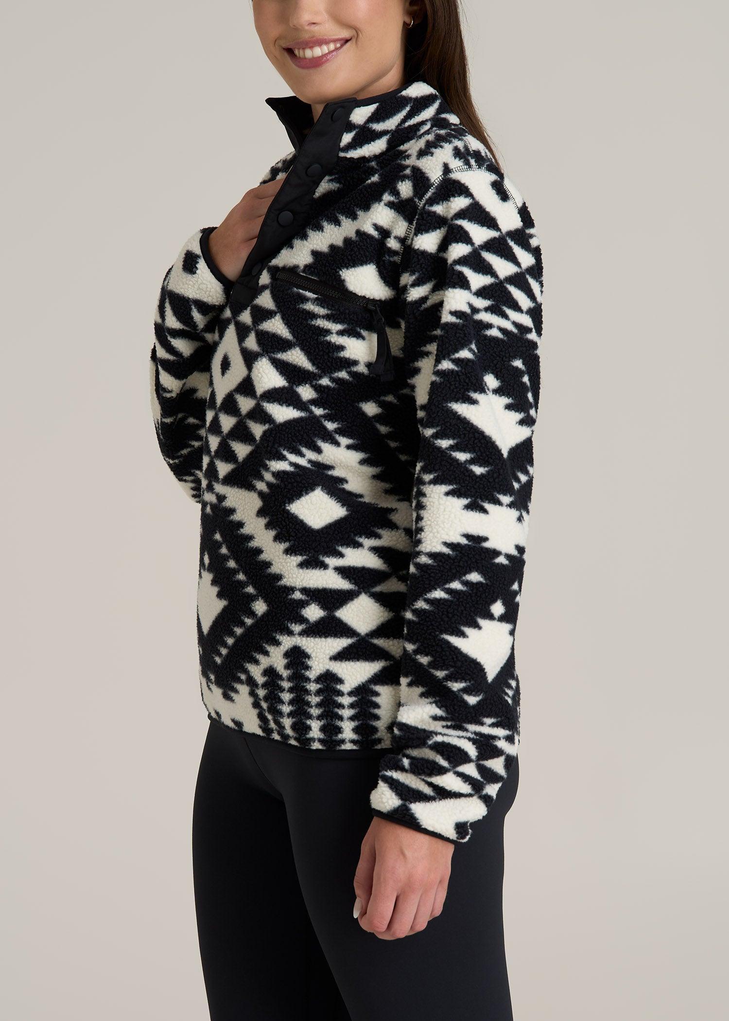 Half Snap Sherpa Sweatshirt for Tall Women in Black and White Geo Print Product Image