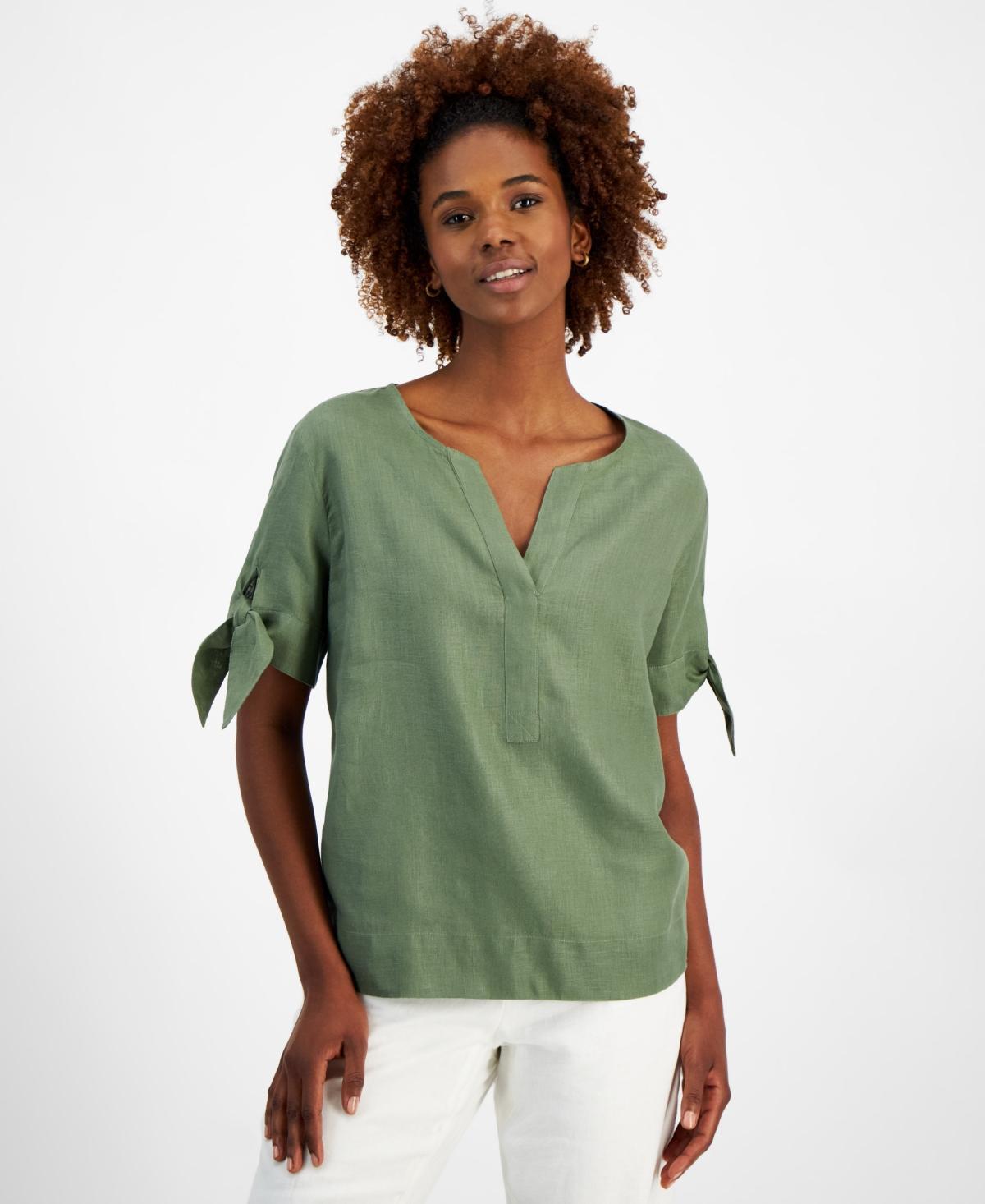 Charter Club Womens 100% Linen Split-Neck Tie-Cuff Top, Created for Macys Product Image