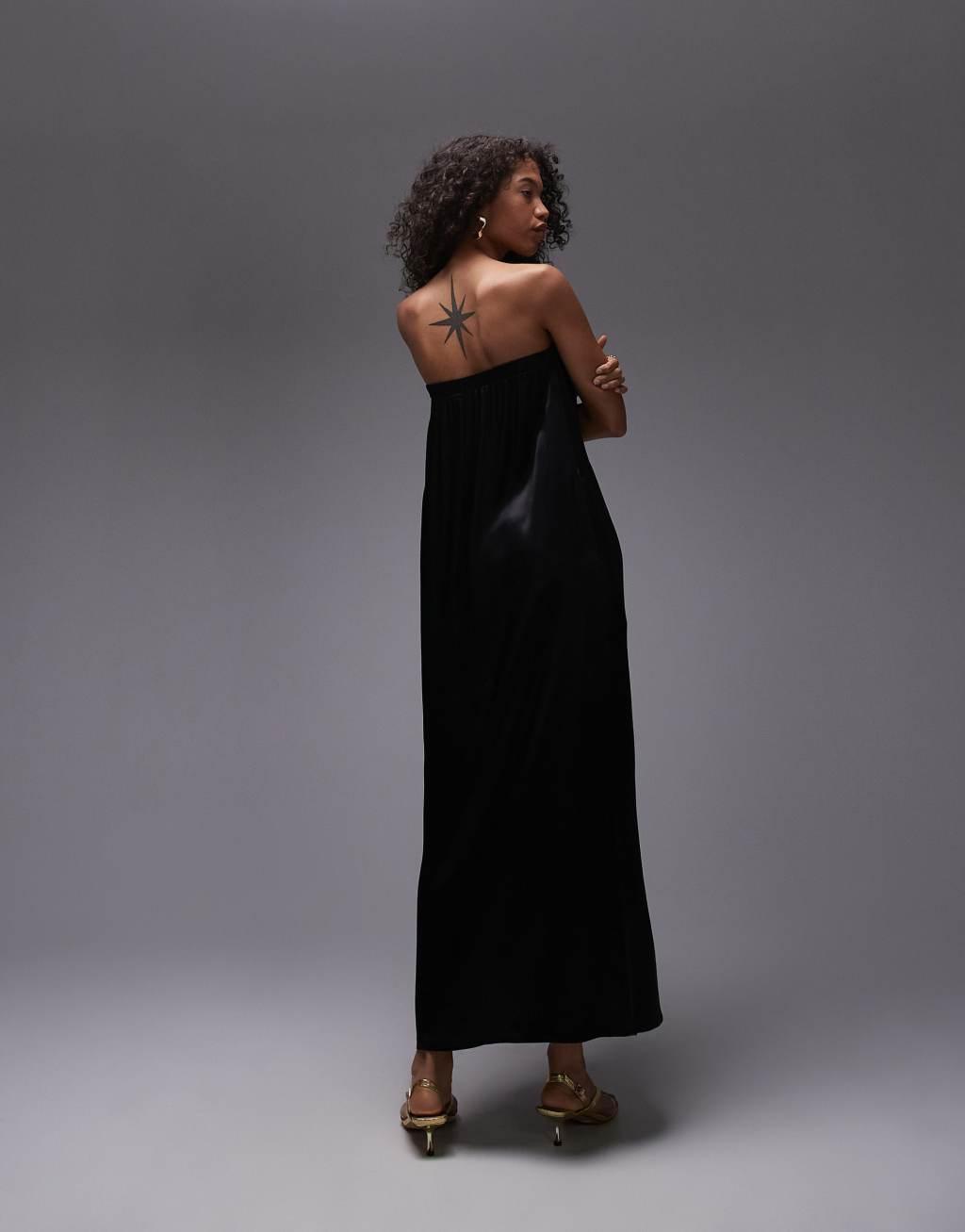 Topshop satin maxi bandeau in black  Product Image