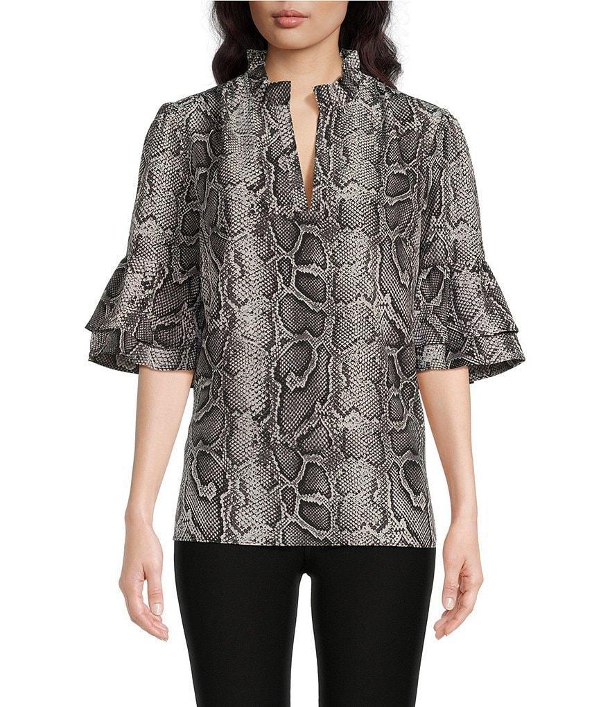 MICHAEL Michael Kors Snakeskin Print Ruffle Trim Mock V-Neck Short Ruffled Cuff Sleeve Crepe Top product image