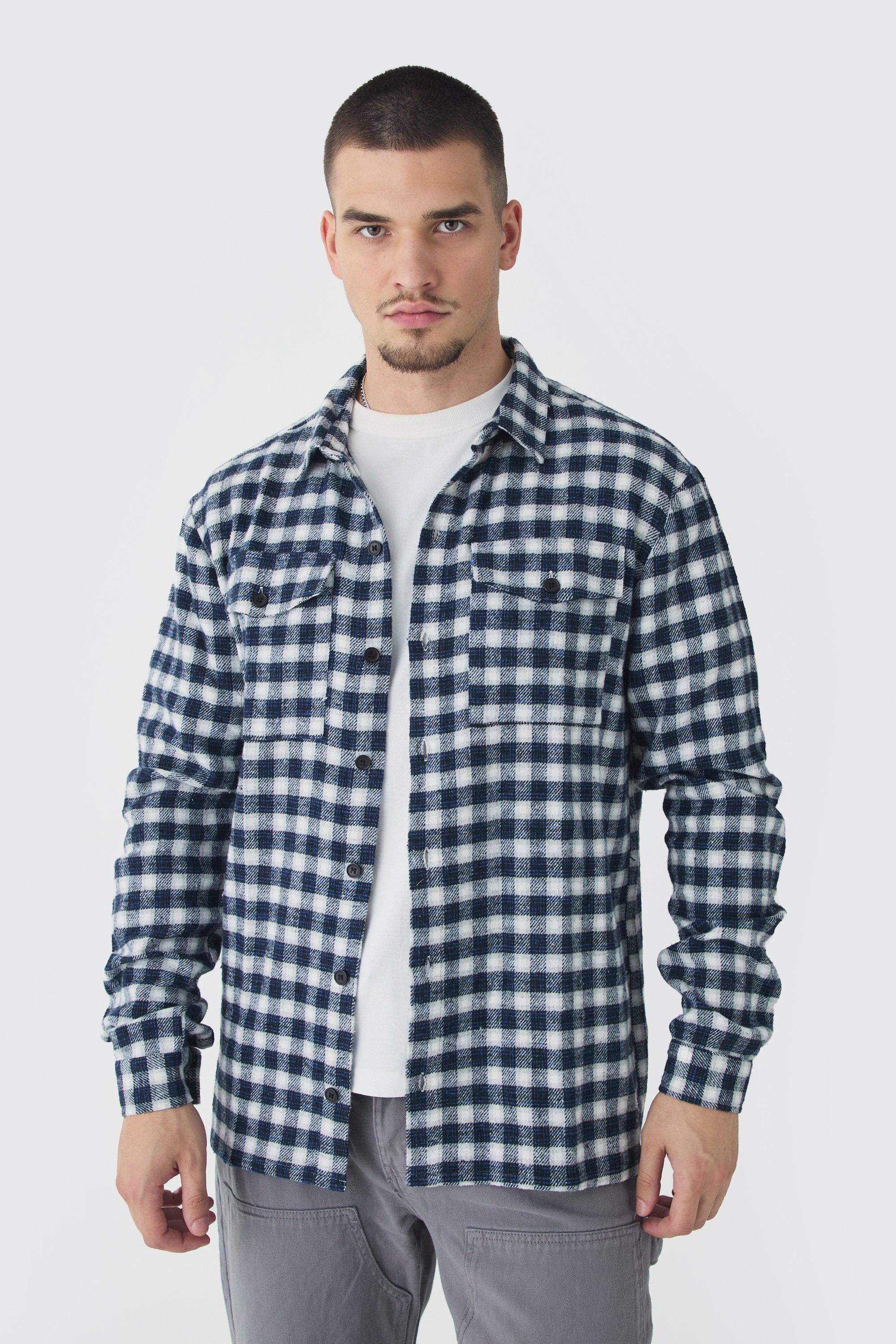 Mens Navy Tall Regular Fit Brushed Plaid Shirt, Navy Product Image