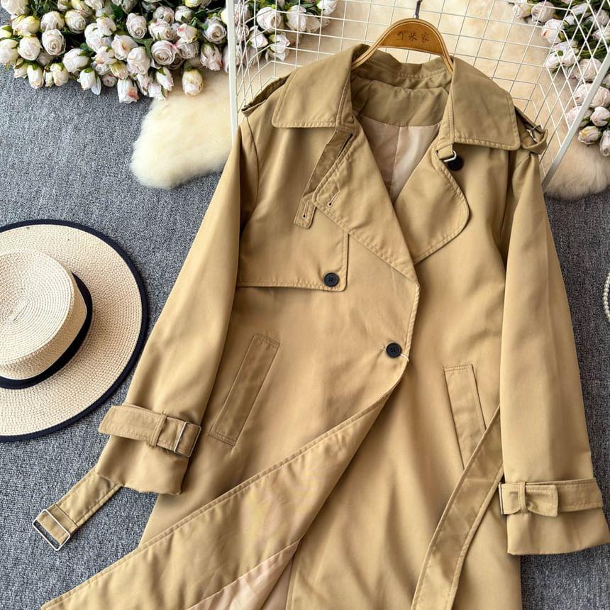 Double Breasted Plain Long Trench Coat Product Image