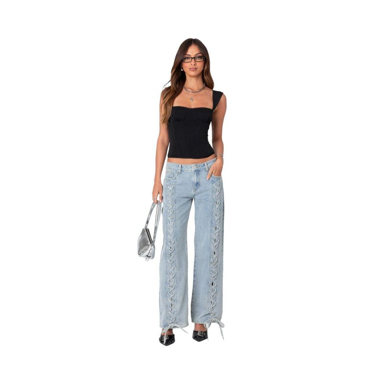 Edikted Womens Laced Up Low Rise Jeans Product Image