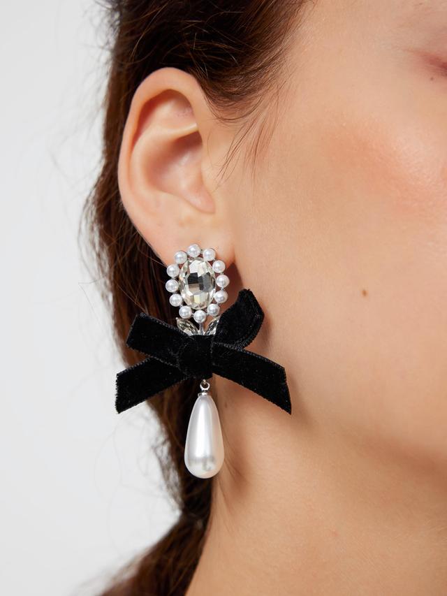 Bowknot Faux Pearl Rhinestone Velvet Dangle Earrings Product Image