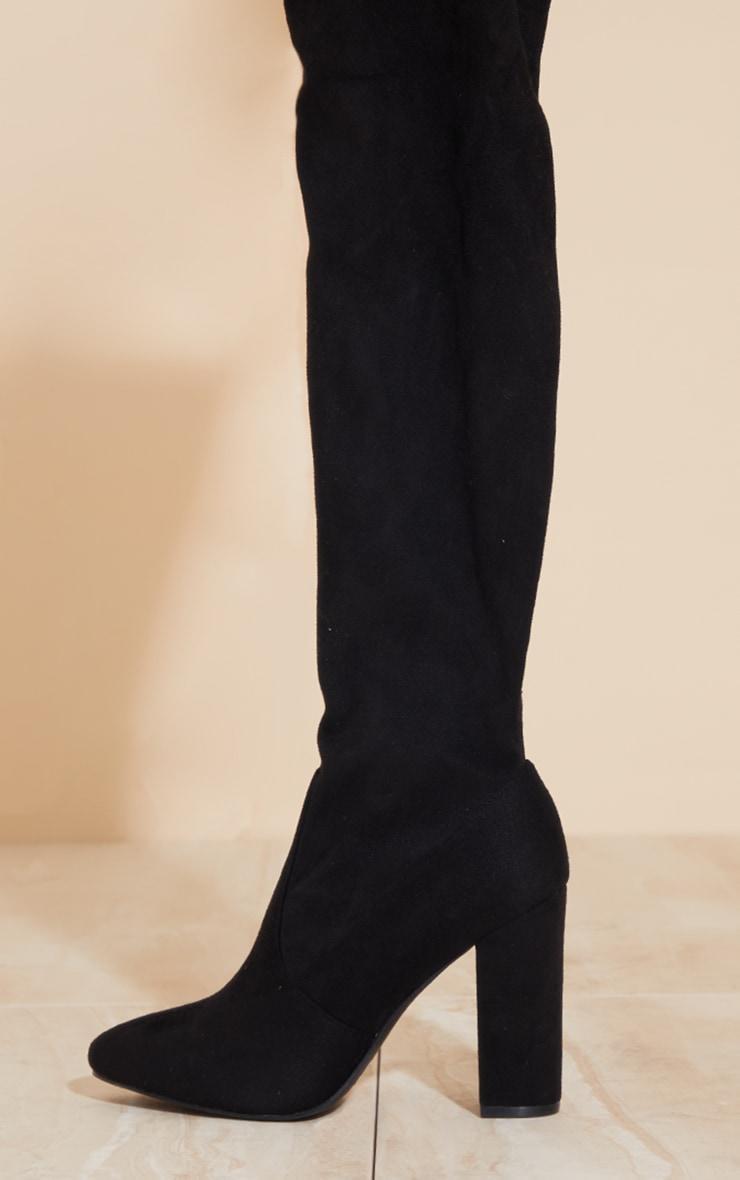 Black Faux Suede Round Toe Block Heel Over The Knee Boots Product Image