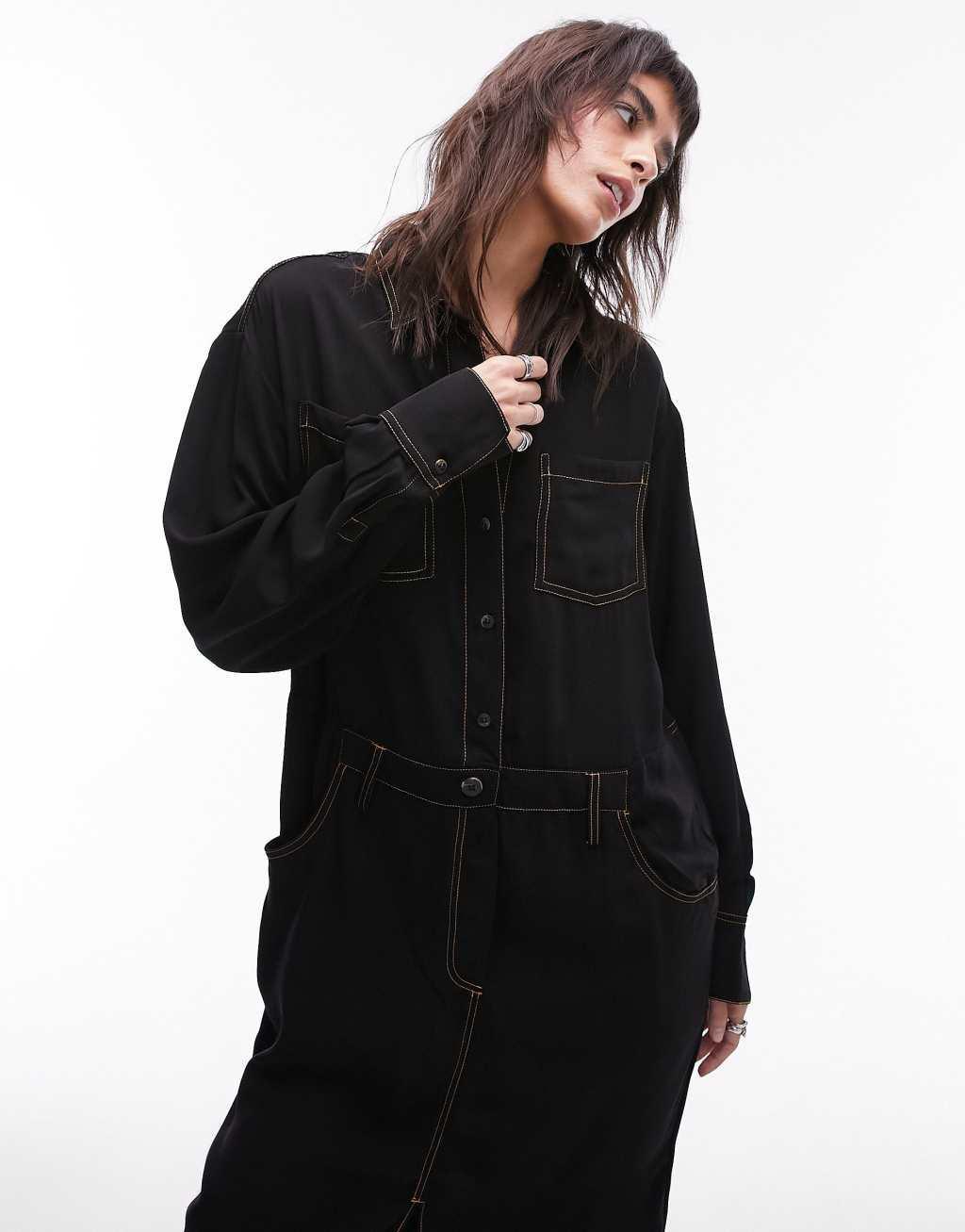 Topshop utility contrast top stitch shirt dress in black Product Image