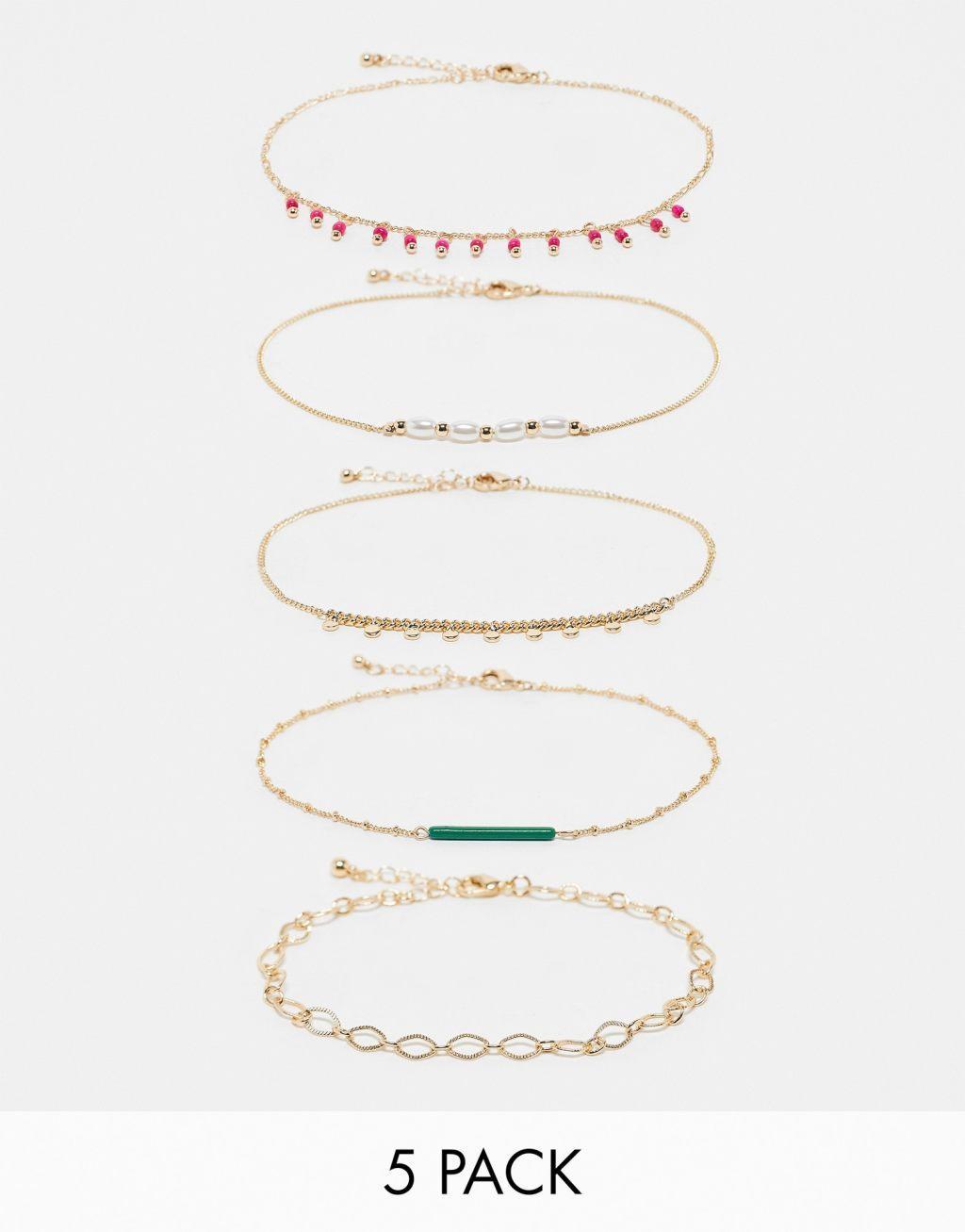 ASOS DESIGN pack of 5 anklets with pink and green bead design Product Image