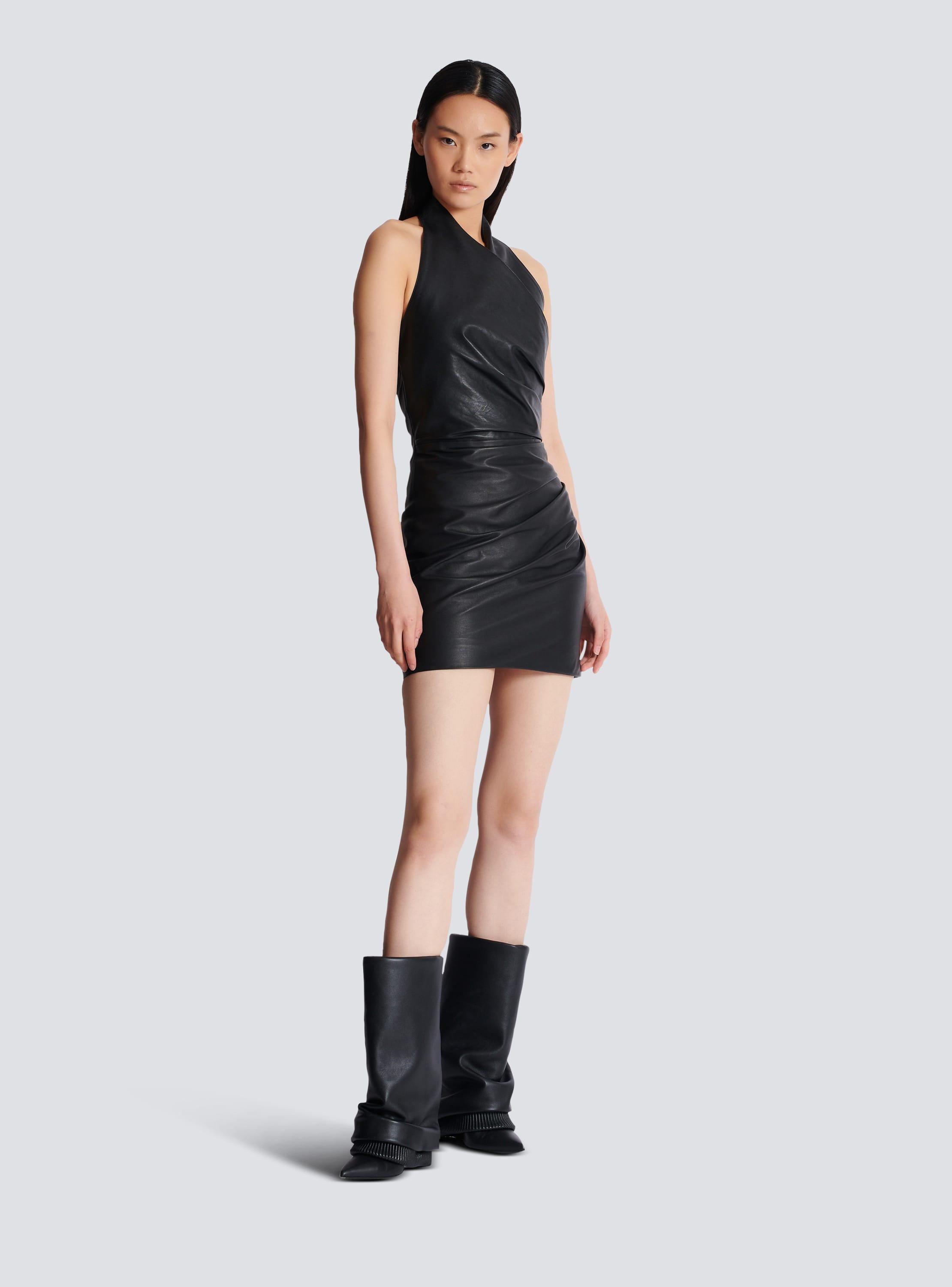 Short draped leather halterneck dress  Product Image