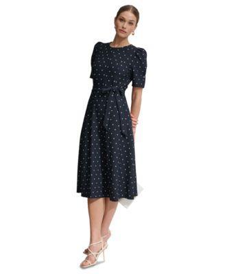 Dkny Womens Polka-Dot Puff-Sleeve Midi Dress - Midnight Product Image