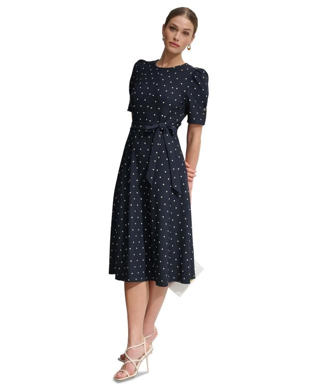 Dkny Womens Polka-Dot Puff-Sleeve Midi Dress - Midnight Product Image