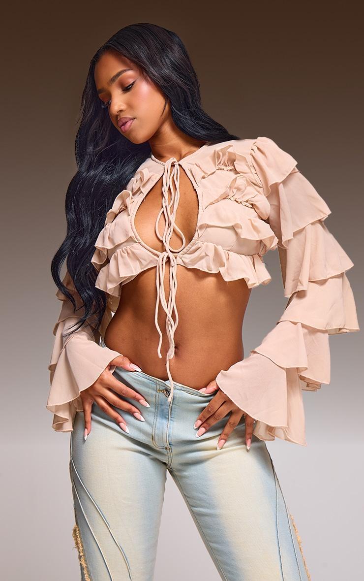 Light Nude Chiffon Ruffle Tie Detail Crop Top Product Image