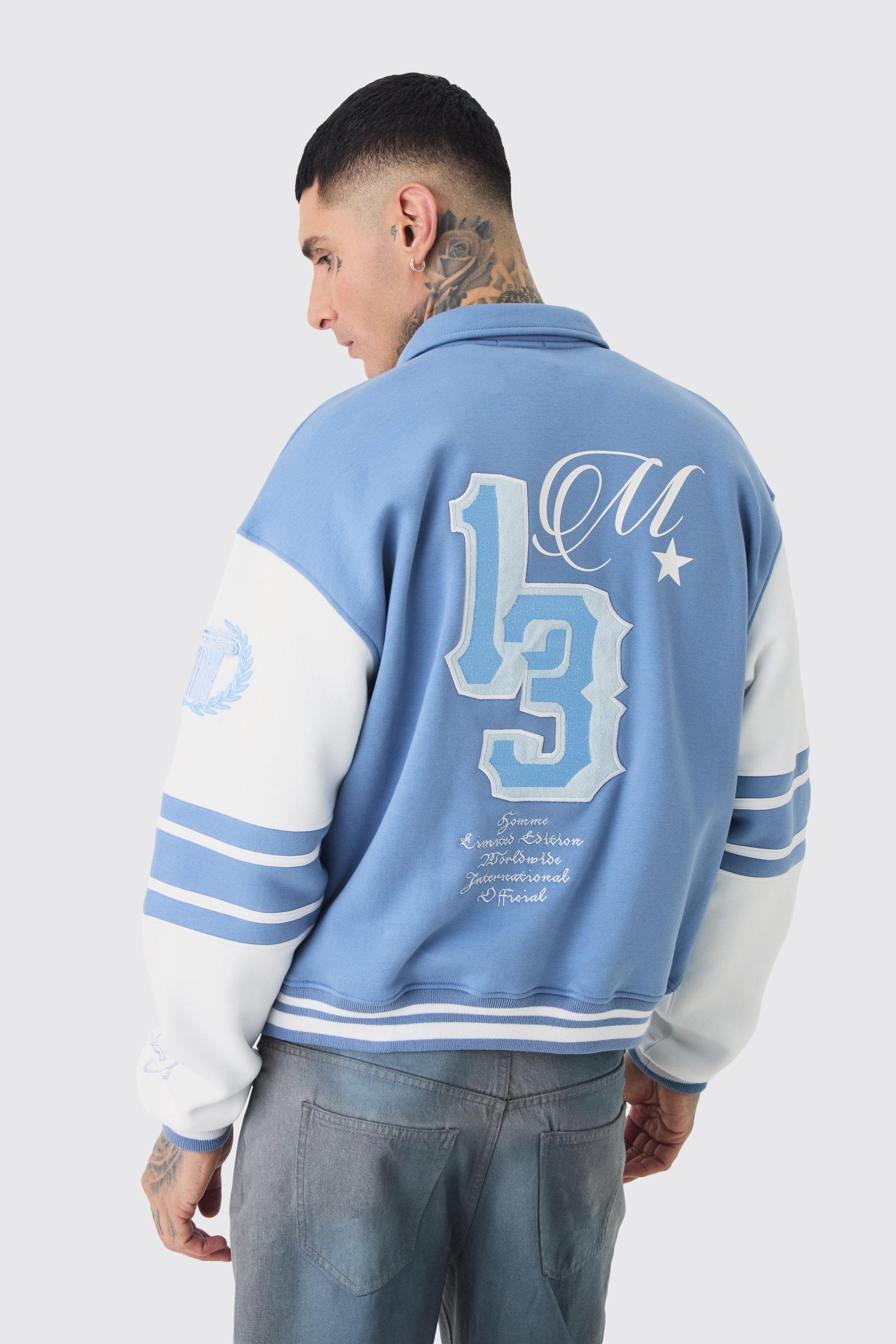 Tall Boxy 13 Applique Jersey Varsity Harrington Jacket | boohooMAN USA Product Image