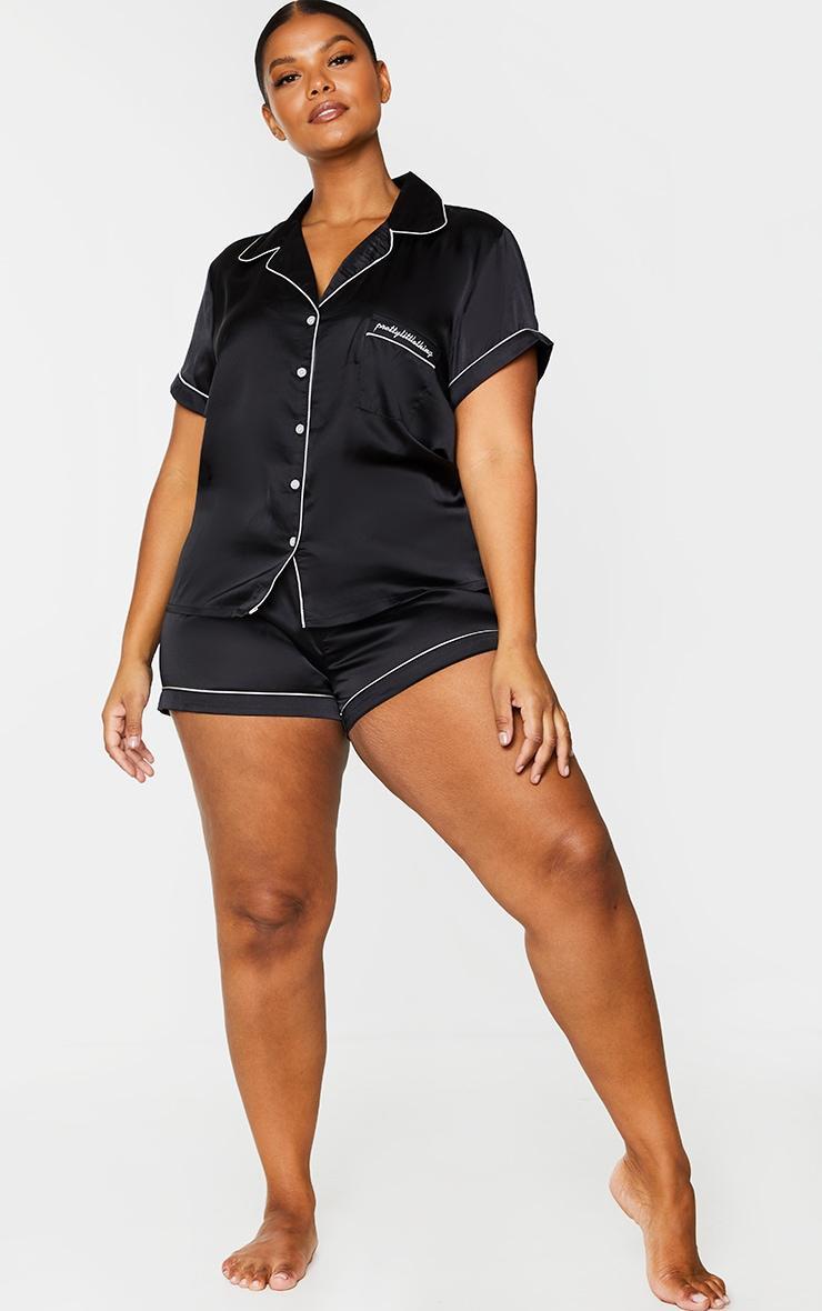 PRETTYLITTLETHING Plus Black Satin Pocket PJ Set Product Image