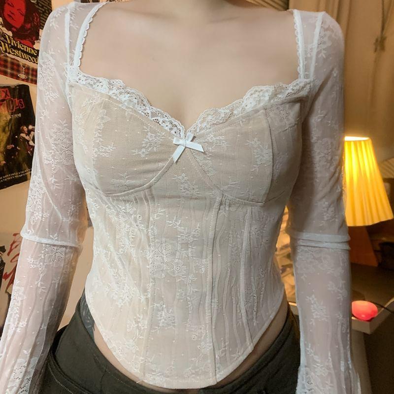 Long-Sleeve Sweetheart-Neckline Lace Trim Crop Top Product Image