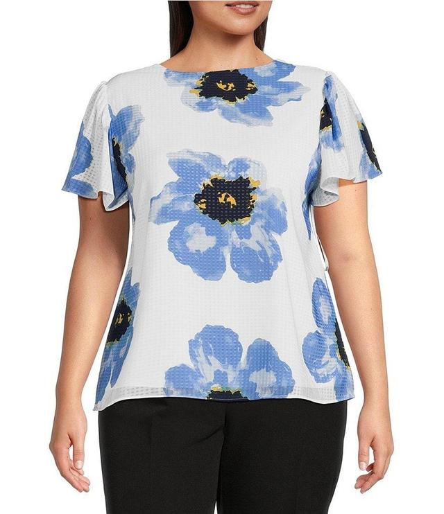 Anne Klein Plus Floral Printed V Neckline Short Flutter Sleeve Blouse Product Image