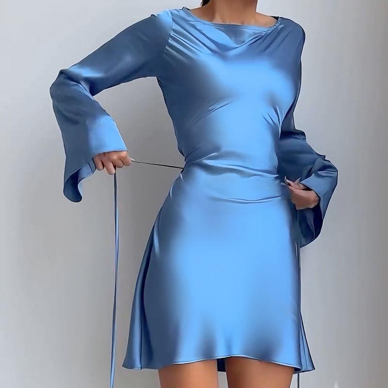 Long Sleeve Round Neck Plain Satin Mini A-Line Dress Product Image