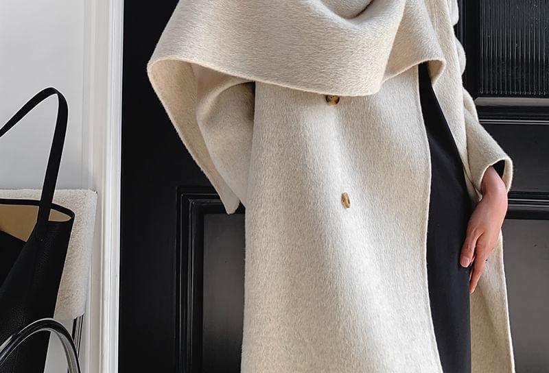 Scarf Neck Plain Midi Button Tie Front Coat Product Image