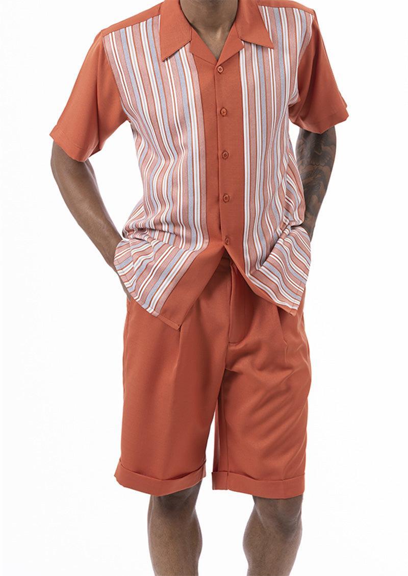 Papaya Tone on Tone Stripes Walking Suit 2 Piece Short Sleeve Set with Shorts Product Image