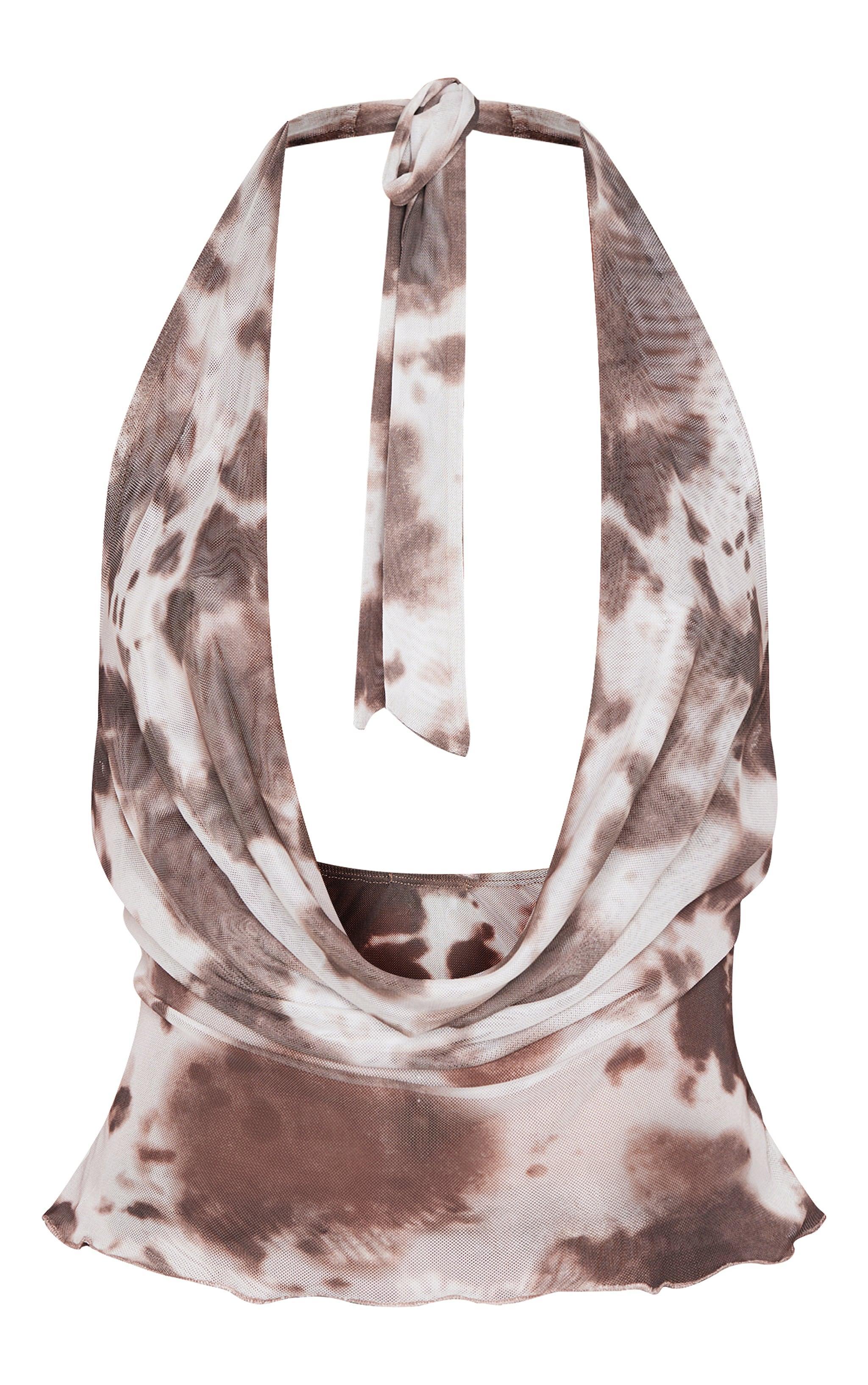 Brown Printed Mesh Cowl Halterneck Crop Top Product Image