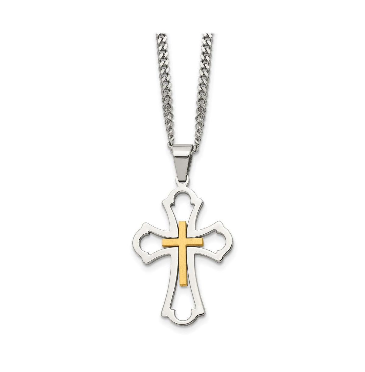 Chisel Brushed Yellow Ip-plated Cross Pendant Curb Chain Necklace Product Image