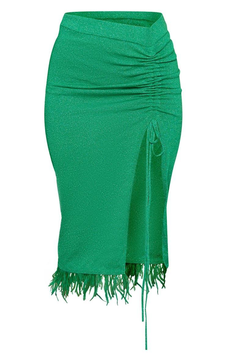  Green Glitter Knit Feather Trim Midaxi Skirt Product Image