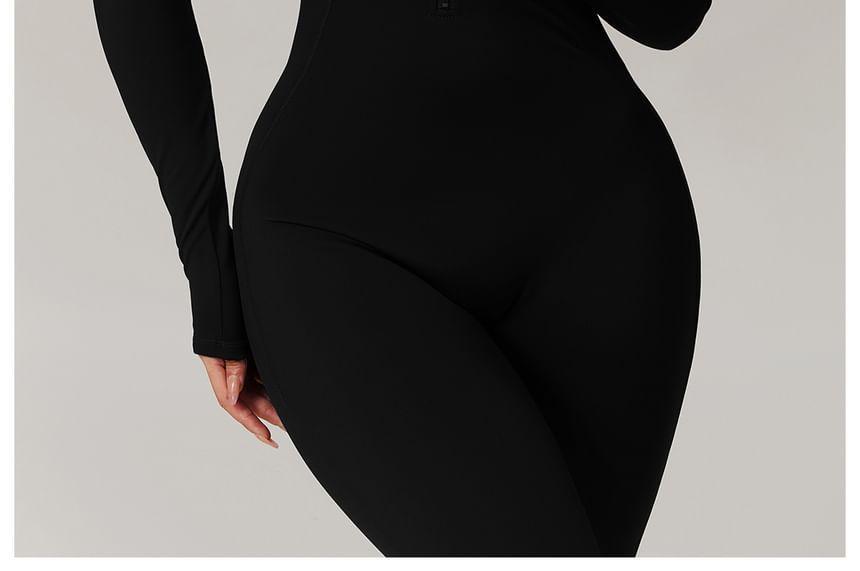 Long Sleeve Stand Collar Plain Fleece-Lined Skinny Jumpsuit Product Image