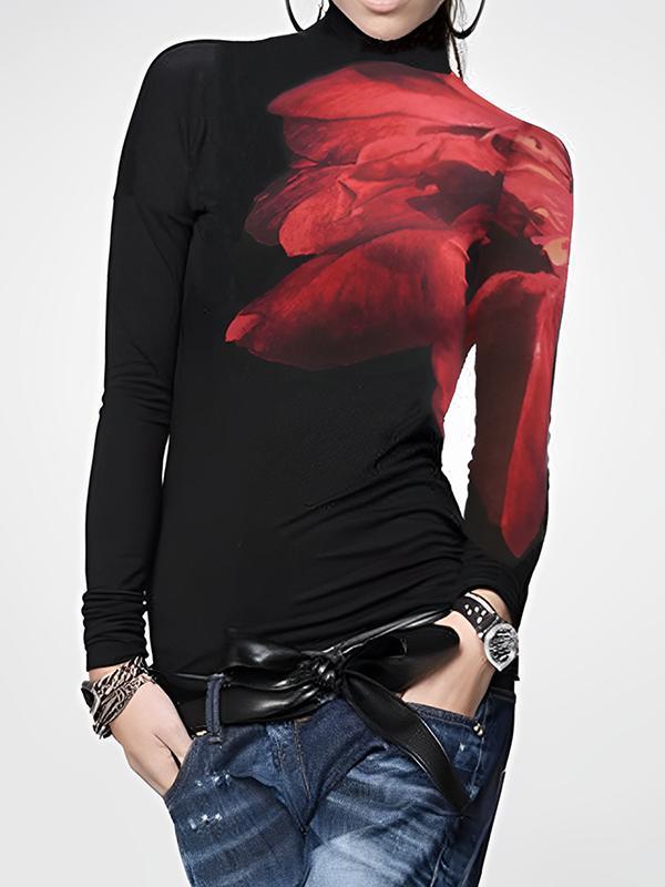 Long Sleeves Skinny Asymmetric Printed Split-Joint High Neck T-Shirts Tops product image