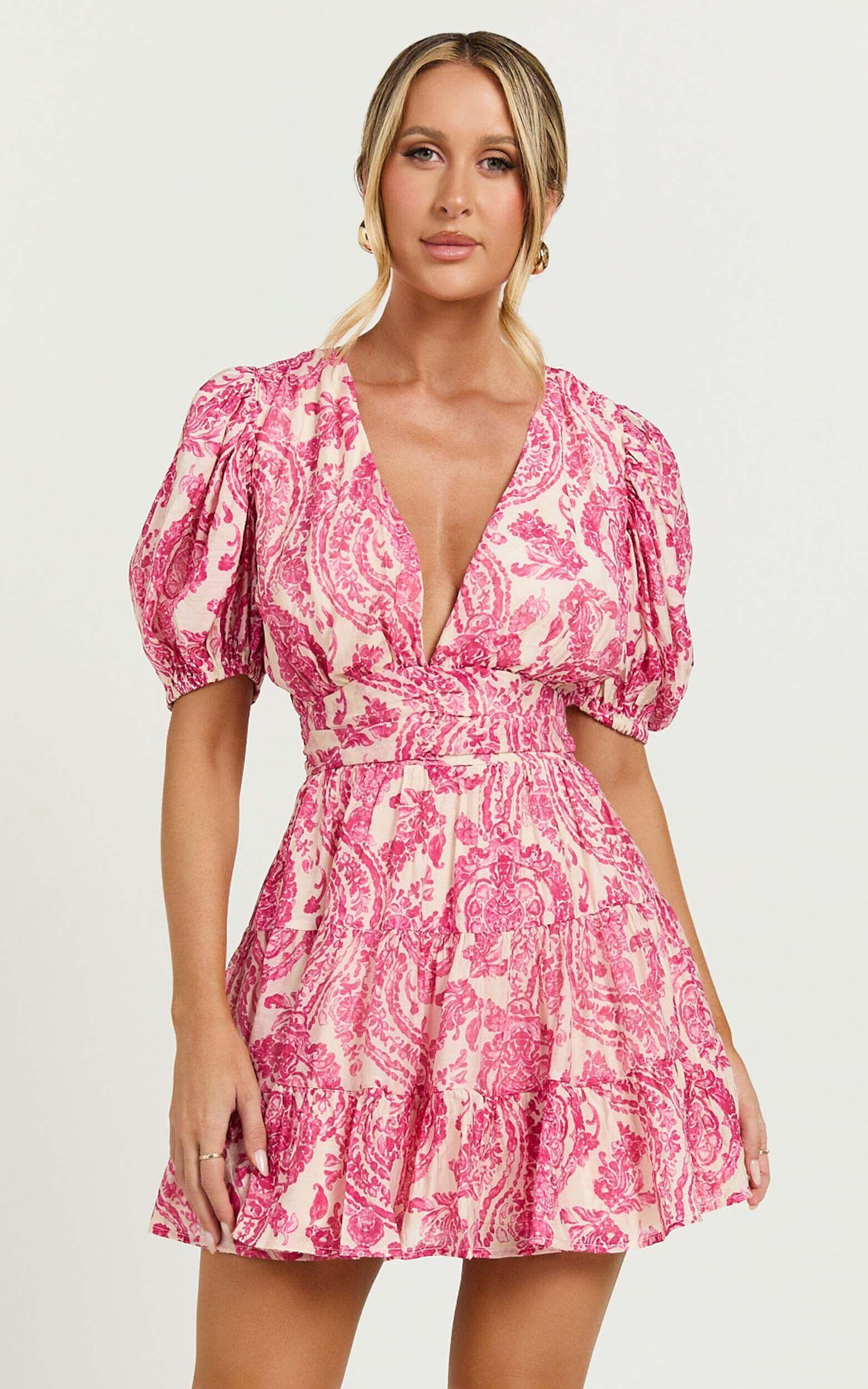 Adea Mini Dress - Plunge Puff Sleeve Tiered Dress in Pink Floral Product Image