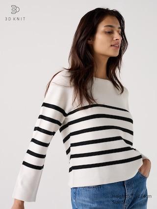 Womens 3D Knit Cotton Crew Neck Sweater Striped White Small UNIQLO US Product Image