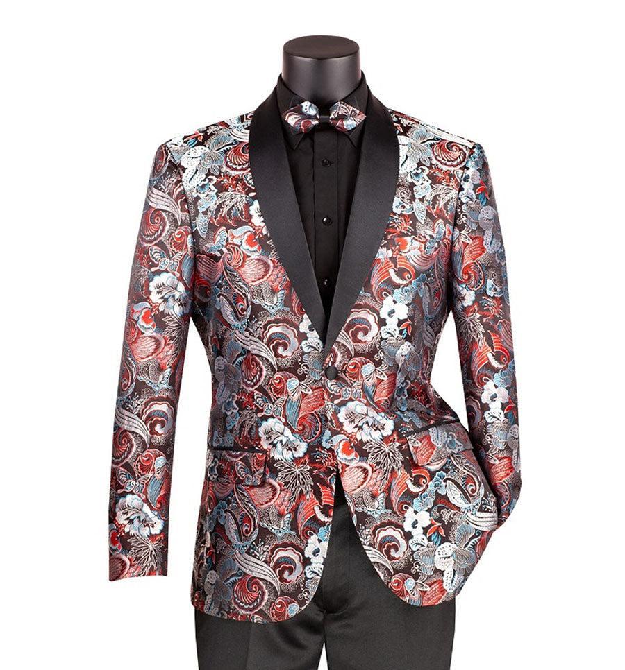 Burgundy Modern Fit Paisley Pattern Jacquard Fabric Jacket with Bow Tie Product Image