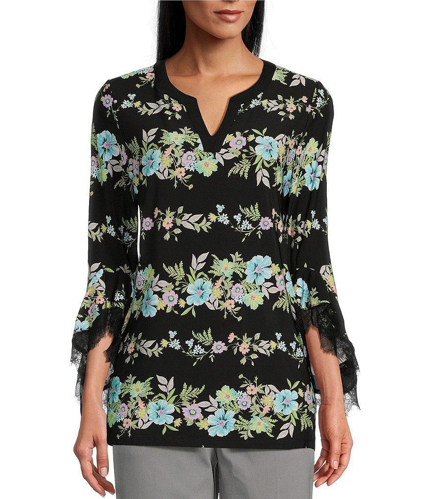 Allison Daley Petite Size Floral Stripe Lace Detail 3/4 Ruffle Sleeve Split V-Neck Knit Top Product Image