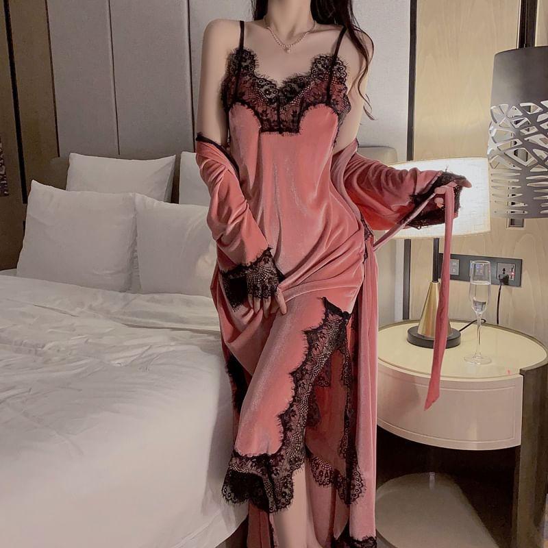 Spaghetti Strap V-Neck Lace Panel Slit Velvet Midi Nightdress / Pajama Robe / Set Product Image