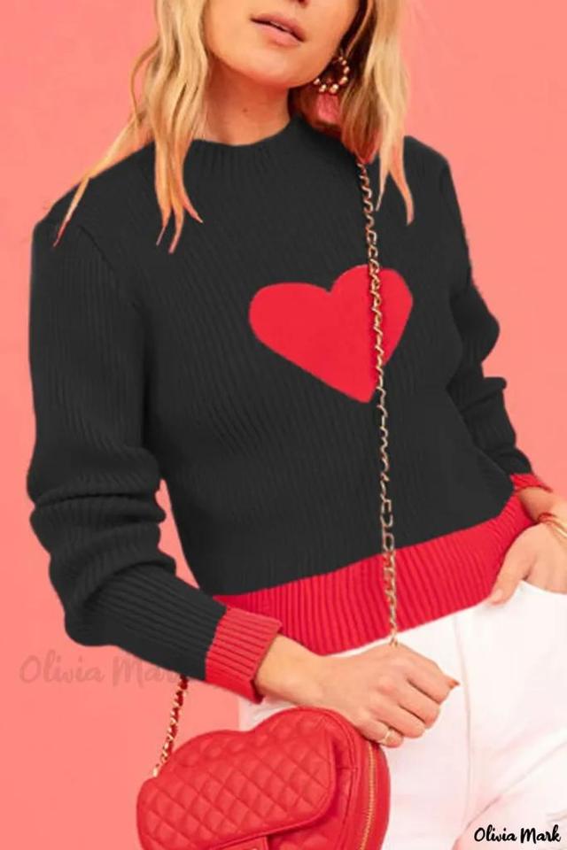 Olivia Mark – Stylish Colorblock Ribbed Sweater with Mock Neck and Valentine Heart Pattern in Black Product Image