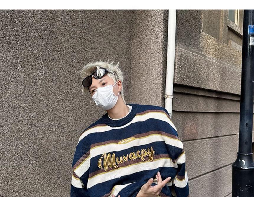 Crew Neck Striped Lettering Sweater Product Image