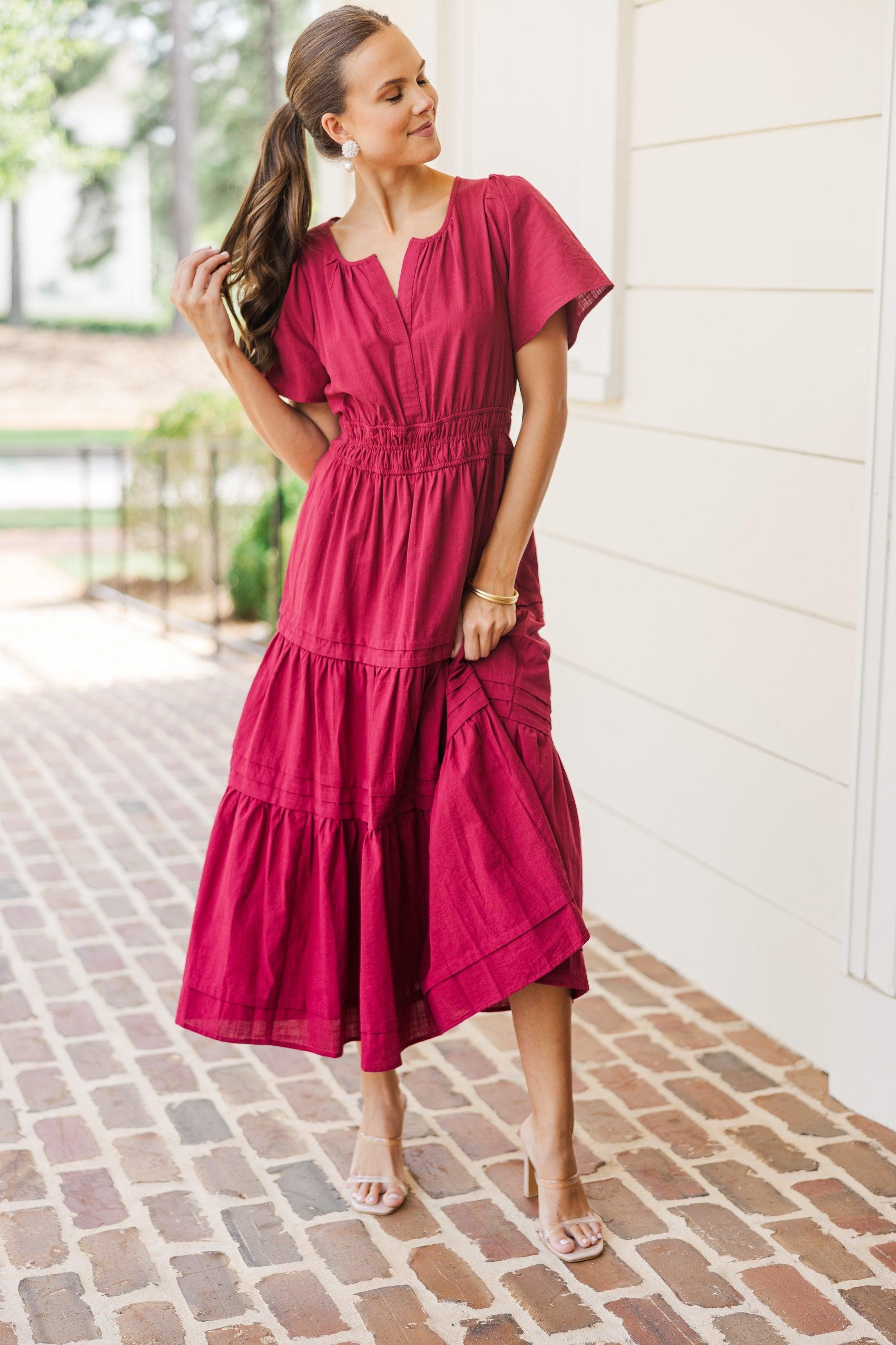 It's In The Air Burgundy Red Tiered Midi Dress Female Product Image