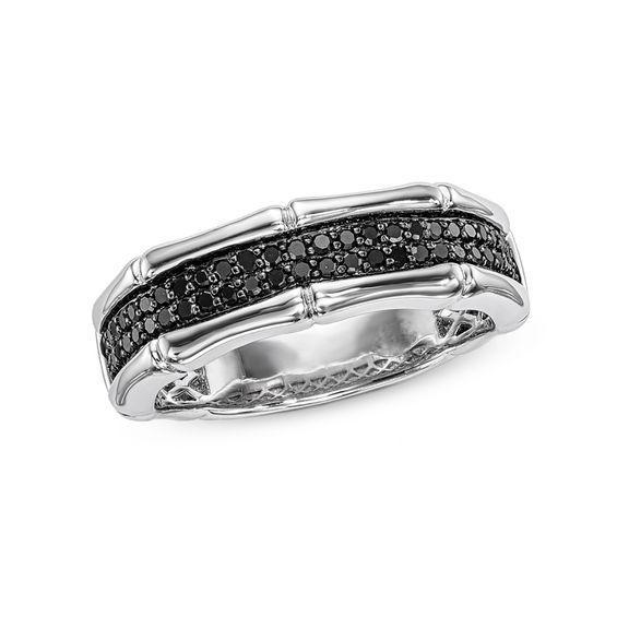 Men's 1/3 CT. T.w. Black Diamond Two Row Bamboo Edge Wedding Band in Sterling Silver Product Image