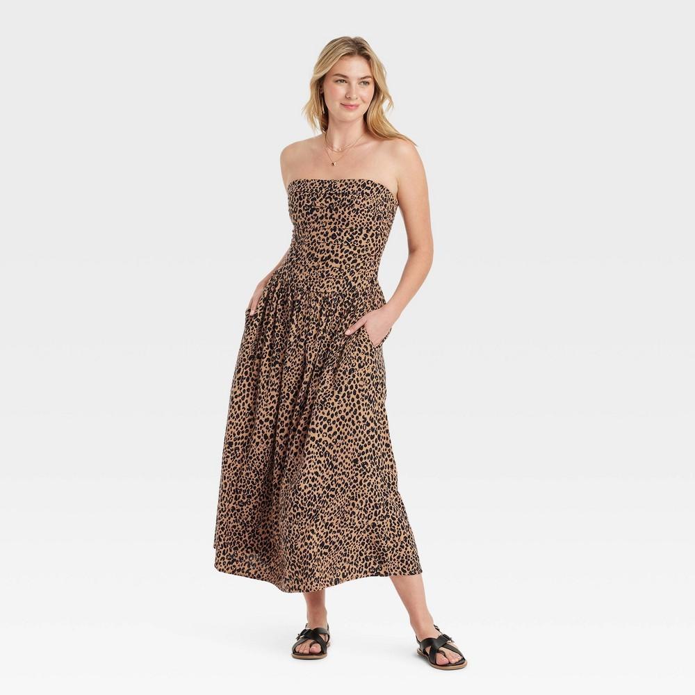 Womens Ruched Maxi A-Line Dress - Universal Thread Black/Brown Leopard L Product Image