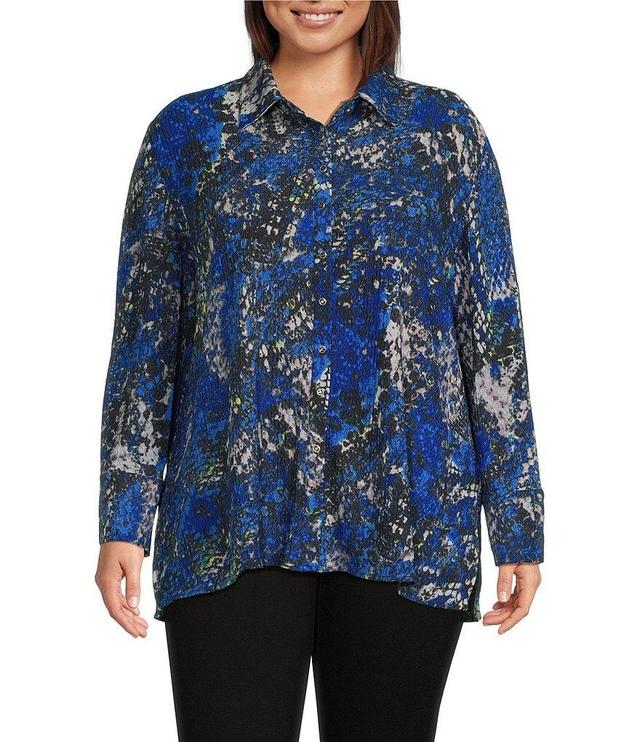 Calessa Plus Size Textured Crinkle Abstract Animal Print Point Collar Long Sleeve Button-Front Tunic Product Image