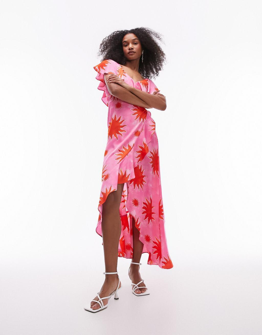 Topshop frill wrap maxi dress in pink and red splodge print Product Image