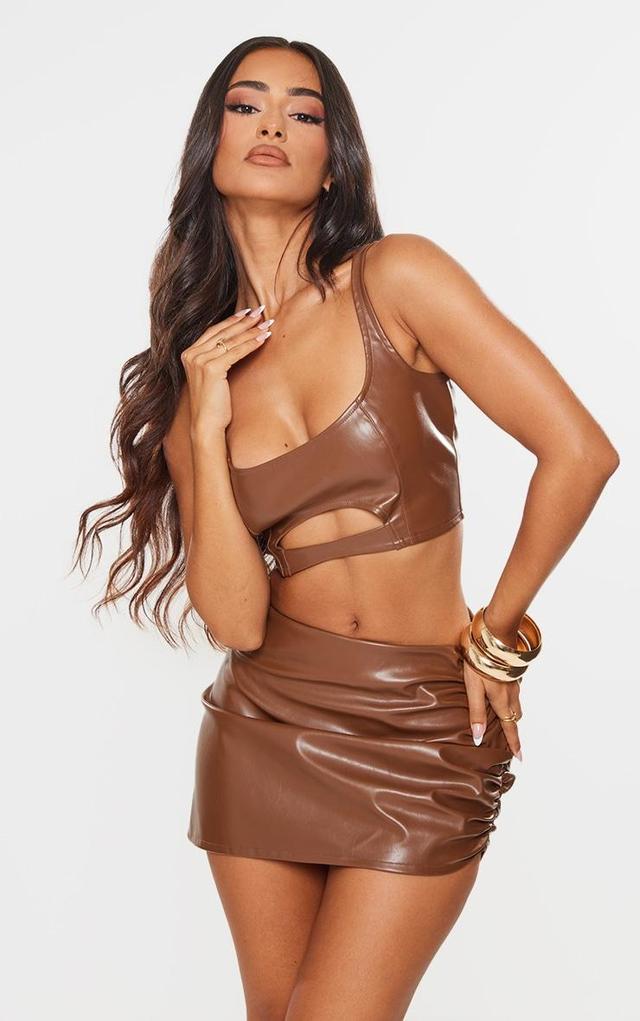 Petite Chocolate Cut Out Front Faux Leather Crop Top Product Image