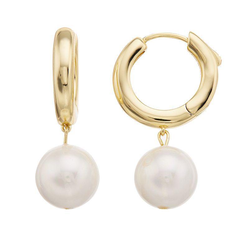 14k Gold Over Silver Freshwater Cultured Pearl Huggie Hoop Drop Earrings, Womens, Gold Tone Product Image