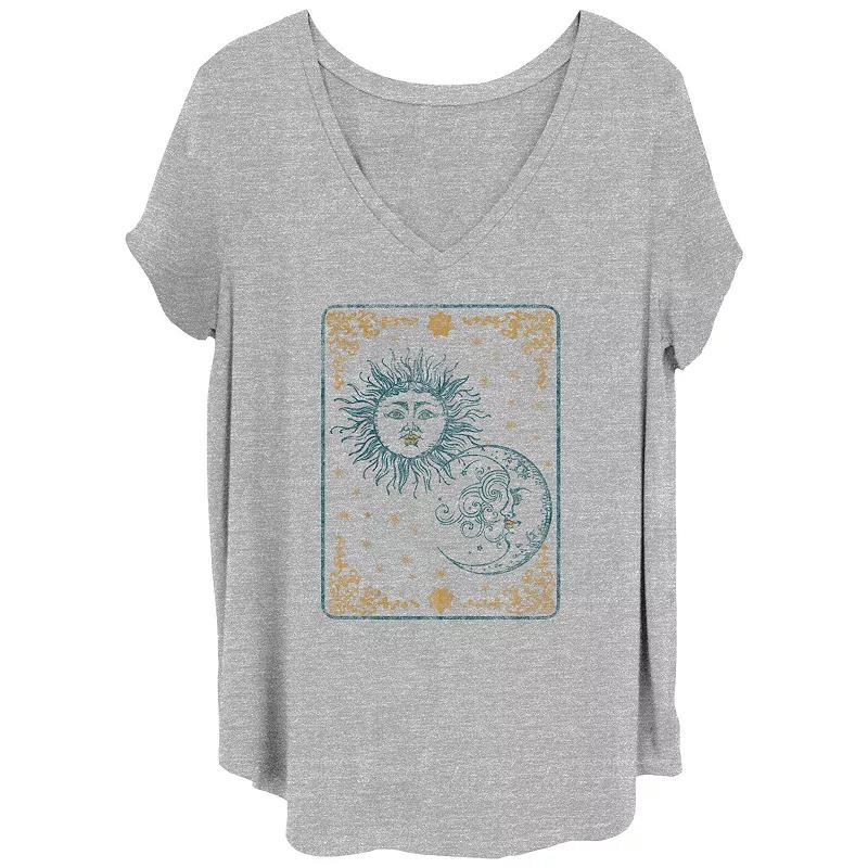 Juniors Plus Sun And Moon Card Vintage V-Neck Graphic Tee, Womens Grey Gray Product Image