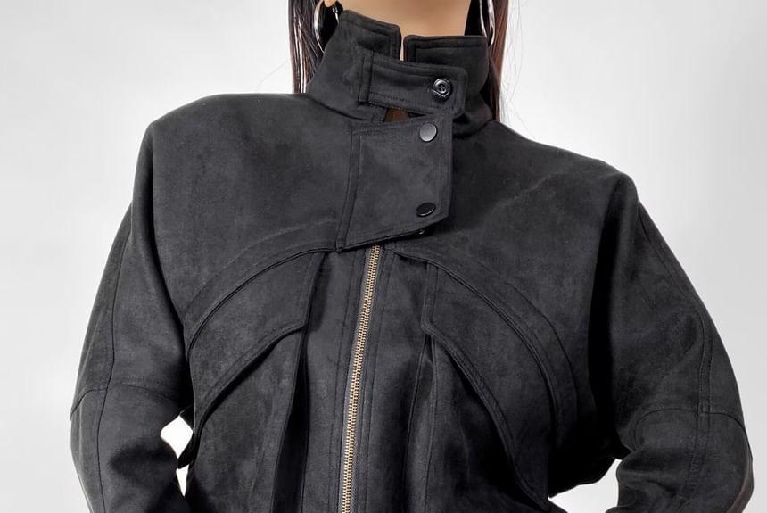 Plain Asymmetrical Faux Suede Zip Jacket Product Image