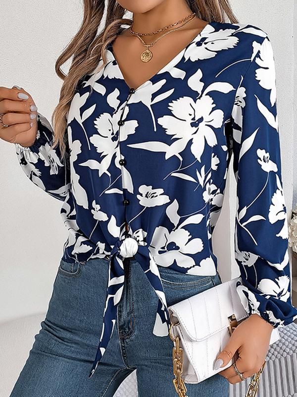 Long Sleeves Loose Buttoned Elasticity Flower Print Tied V-Neck Blouses&Shirts Tops Product Image