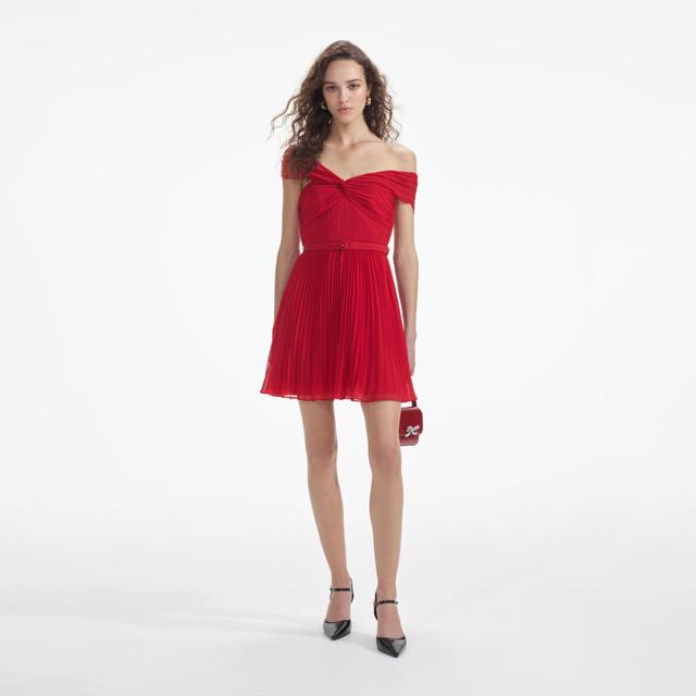 Red Off Shoulder Chiffon Mini Dress Product Image