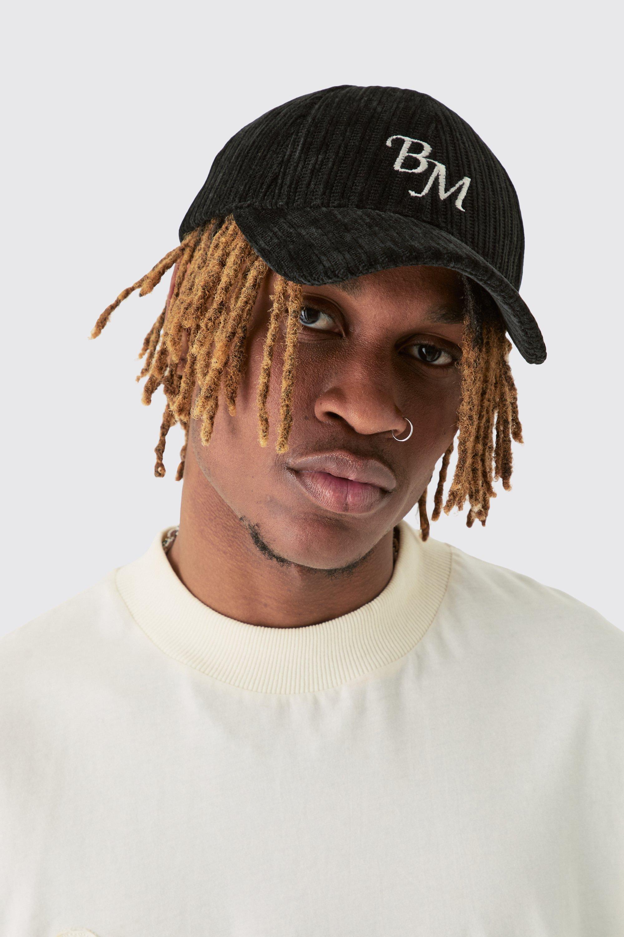 BM Embroidered Corduroy Cap In Black | boohooMAN USA Product Image