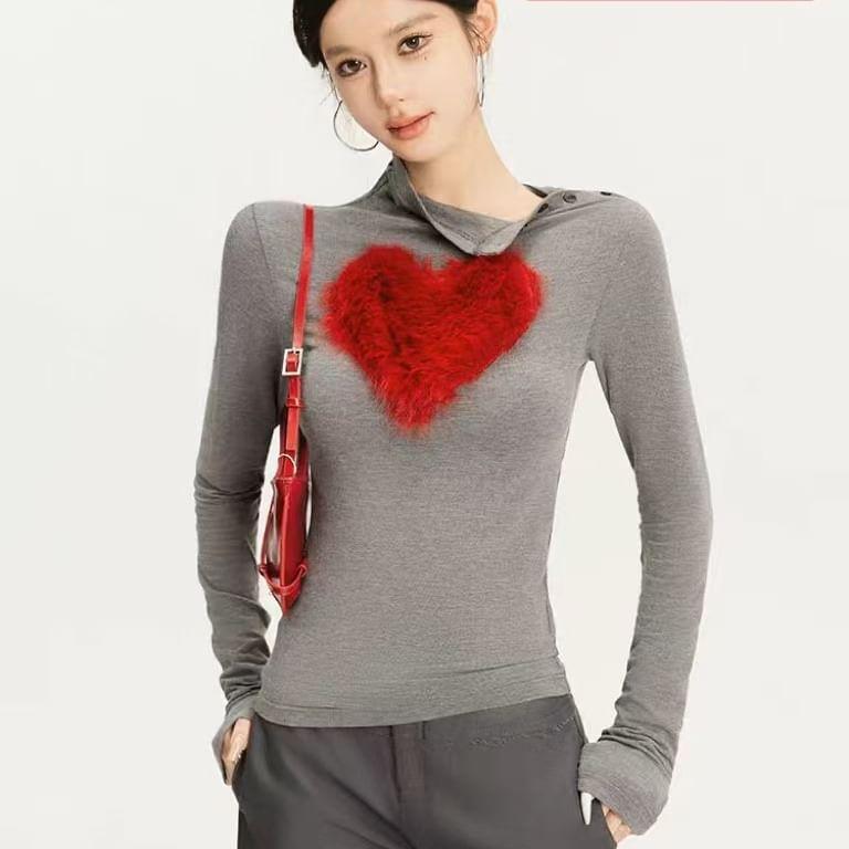 Long-Sleeve Mock Neck Furry Heart Top Product Image