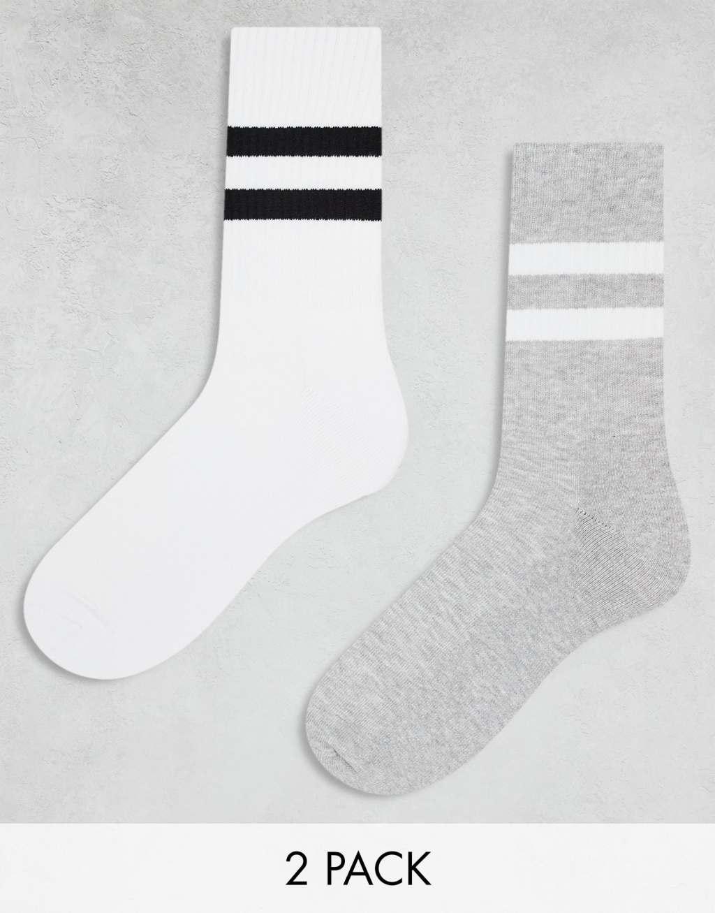 ASOS DESIGN 2 pack sock with stripes in white and gray Product Image