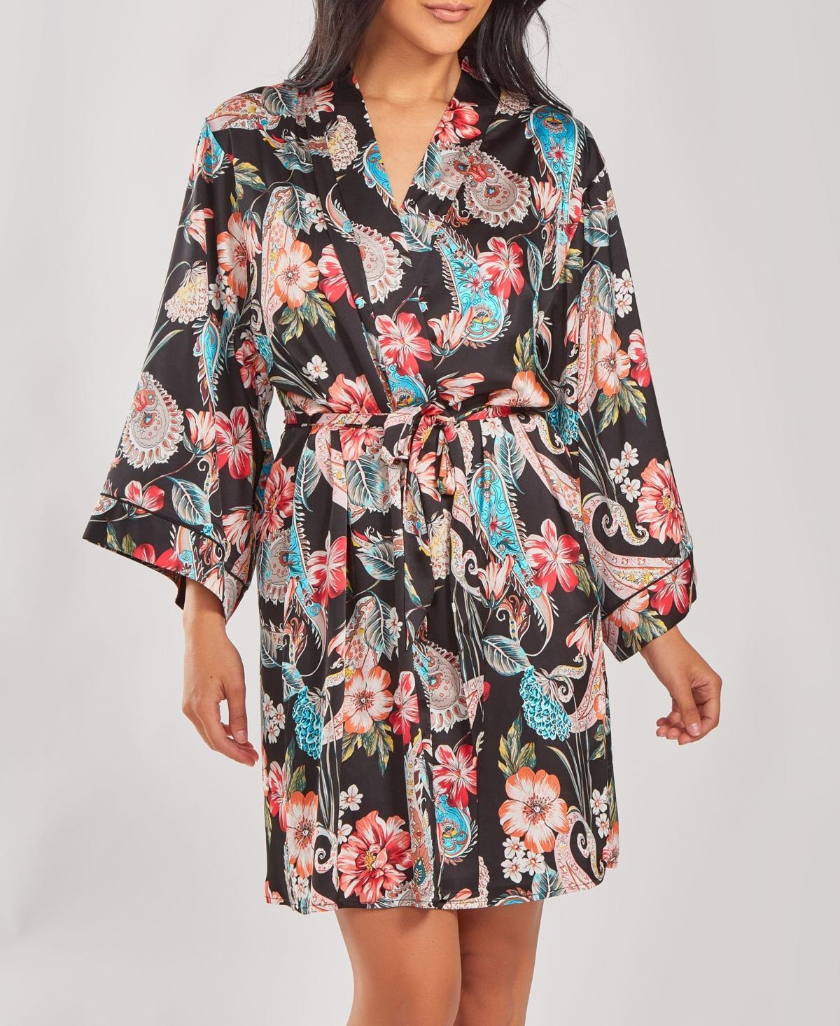 iCollection Womens Silky Soft Short Printed Robe - Black Product Image